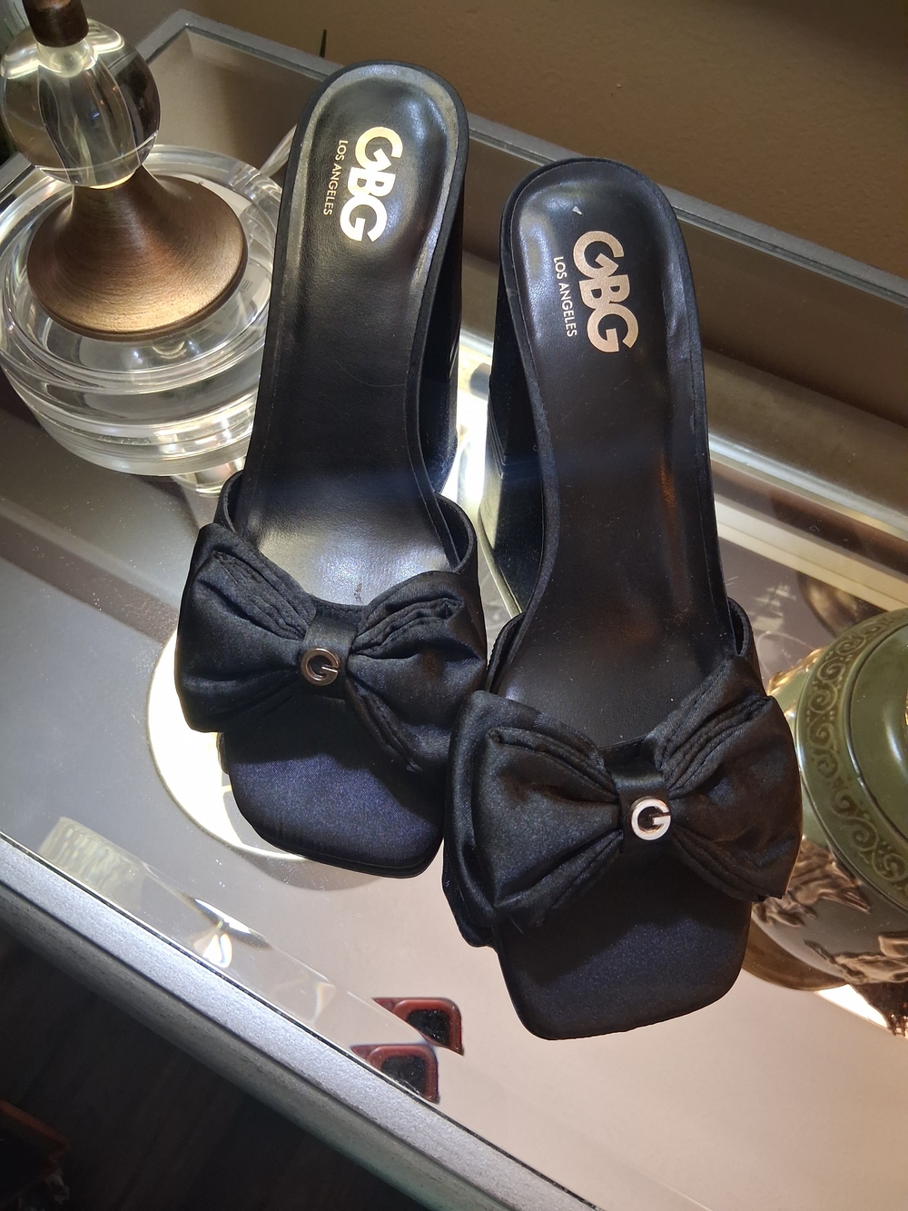 GBG Los Angeles Black Satin Bow Slide Mules